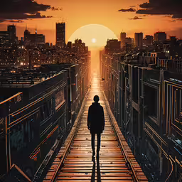 a person in silhouette walking towards a sunset,man walking on track towards city with rising sun in distance