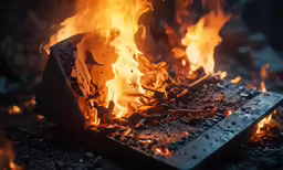 a fire burning in an outdoor pit filled with bricks and logs
