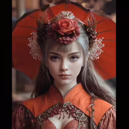 there is an asian woman in a red hat and dress