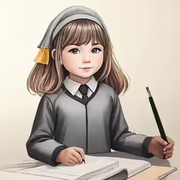 a little girl who is wearing a school uniform and holding a pen and paper