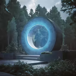 a photo of an outdoor structure with a large blue light reflecting off the front