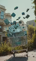 a shopping cart is in front of a building