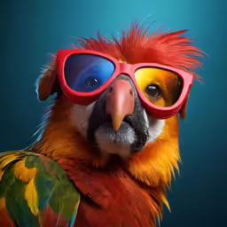 the parrot wearing sunglasses has red hair and yellow head