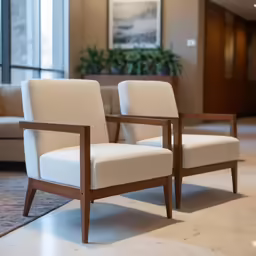 a white and wood chair is in an office