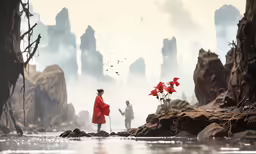 two people are standing on some rocks in the water