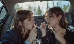 two women are sitting in the back seat brushing their teeth