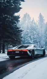 a white car driving down a snowy road