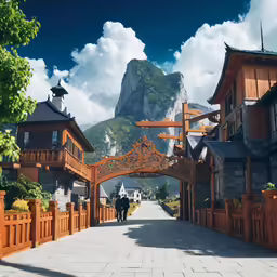 two people are walking on a walkway in a mountainous area