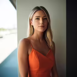 a beautiful young blond woman wearing an orange dress