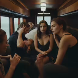 three women and one man on a train talking