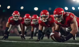 a football player kneeling on a field in front of other players