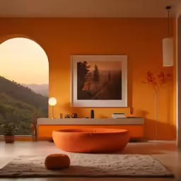 an interior space with orange walls, a white floor and a wall mounted picture