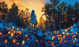 an animation scene with a woman walking in the grass with fairy lights