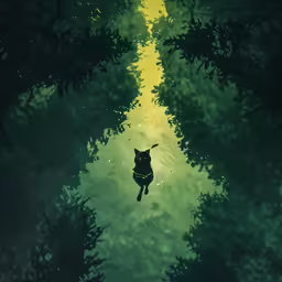 a black cat is looking at the light coming through the trees