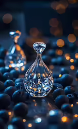 two crystal bottles are on a dark surface surrounded by blue balls