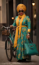 woman walking down a sidewalk in a green outfit and yellow scarf