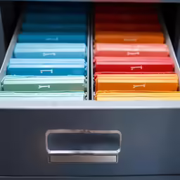 a drawer is holding colored file folders