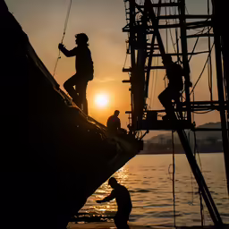 the sun setting behind a man climbing on top of a boat