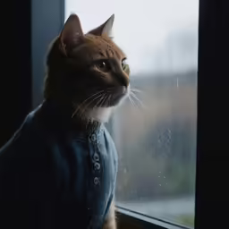 an orange cat wearing a denim shirt looking out a window