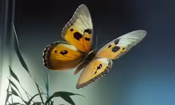 a yellow butterfly sitting on a green plant