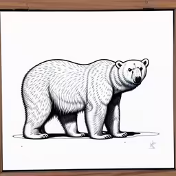 black and white drawing of a large polar bear,a polar bear in the wilderness standing on a rock,the bear is in an open wood frame,a black and white drawing of a bear in wood frame,a large bear standing in the snow