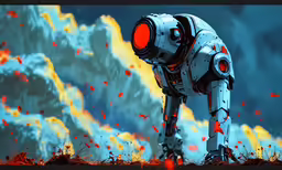 a white robot standing in front of fire