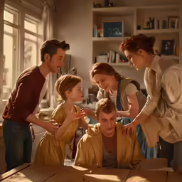 the girl with three boys are standing over a woman in a living room