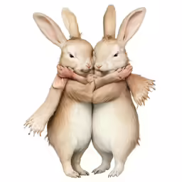two rabbits standing next to each other while one is hugging