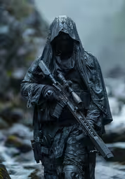 a man with a gun is in the water,a person in the water holding a rifle