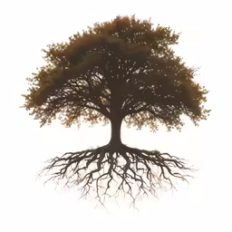 the tree with the roots showing is isolated against a white background