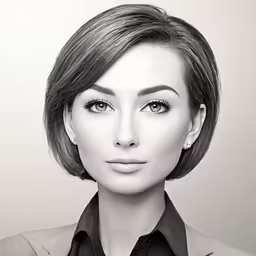 a woman with an short haircut in black and white