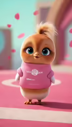 the animated character has big blue eyes and a t - shirt on