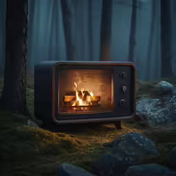 a black box type stove with flames inside
