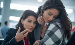 two women, one holding a woman in a business suit