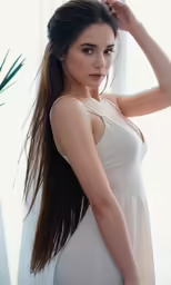 a young girl in a nude colored dress posing