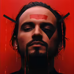 a man with paint on his face standing in front of a red wall