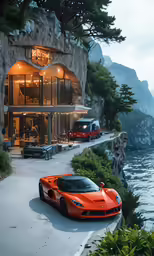 a orange car parked in front of an elegant house by the water