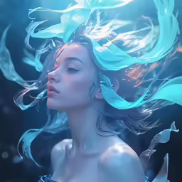 a woman with very long hair and blue wings