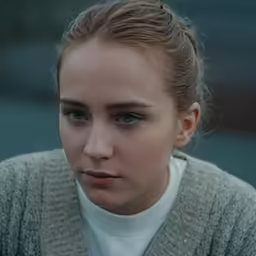 there is a young woman looking sad, with the hair pulled back