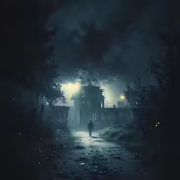 a person walking on a path into an eerie setting