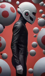 man standing in front of a red wall with several red and white circles on it