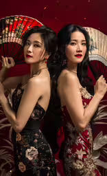 two asian women standing side by side with hand fans,two women dressed in asian attire stand holding red fan