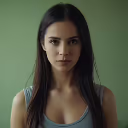 a woman with long dark hair standing next to a wall