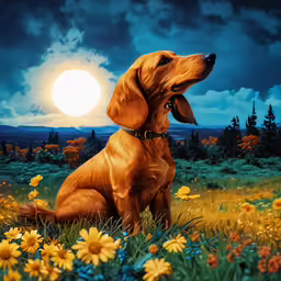 a dog sits in the moonlight and is looking up