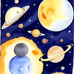 an image of space scene with planets and stars,a painting of saturn, the sun, and other planets