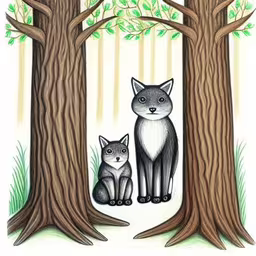 an animal sitting next to a tree on top of a lush green forest