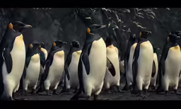 large group of penguins all lined up in front of each other