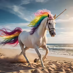 a unicorn in the sand with a colorful mane running