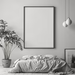 a white bed and a plant in front of a picture
