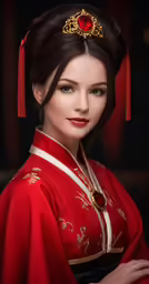 a woman wearing a red oriental garb poses for a photo